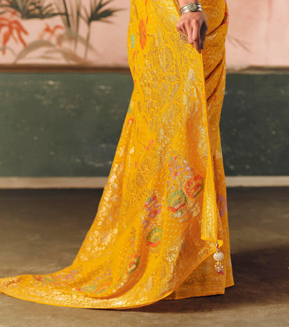 Pure Kaddi Georgette Zari Weaving Saree in Mustard Yellow with All-Over Jaal and Floral Buti Work – Festive & Wedding Wear Saree for Women