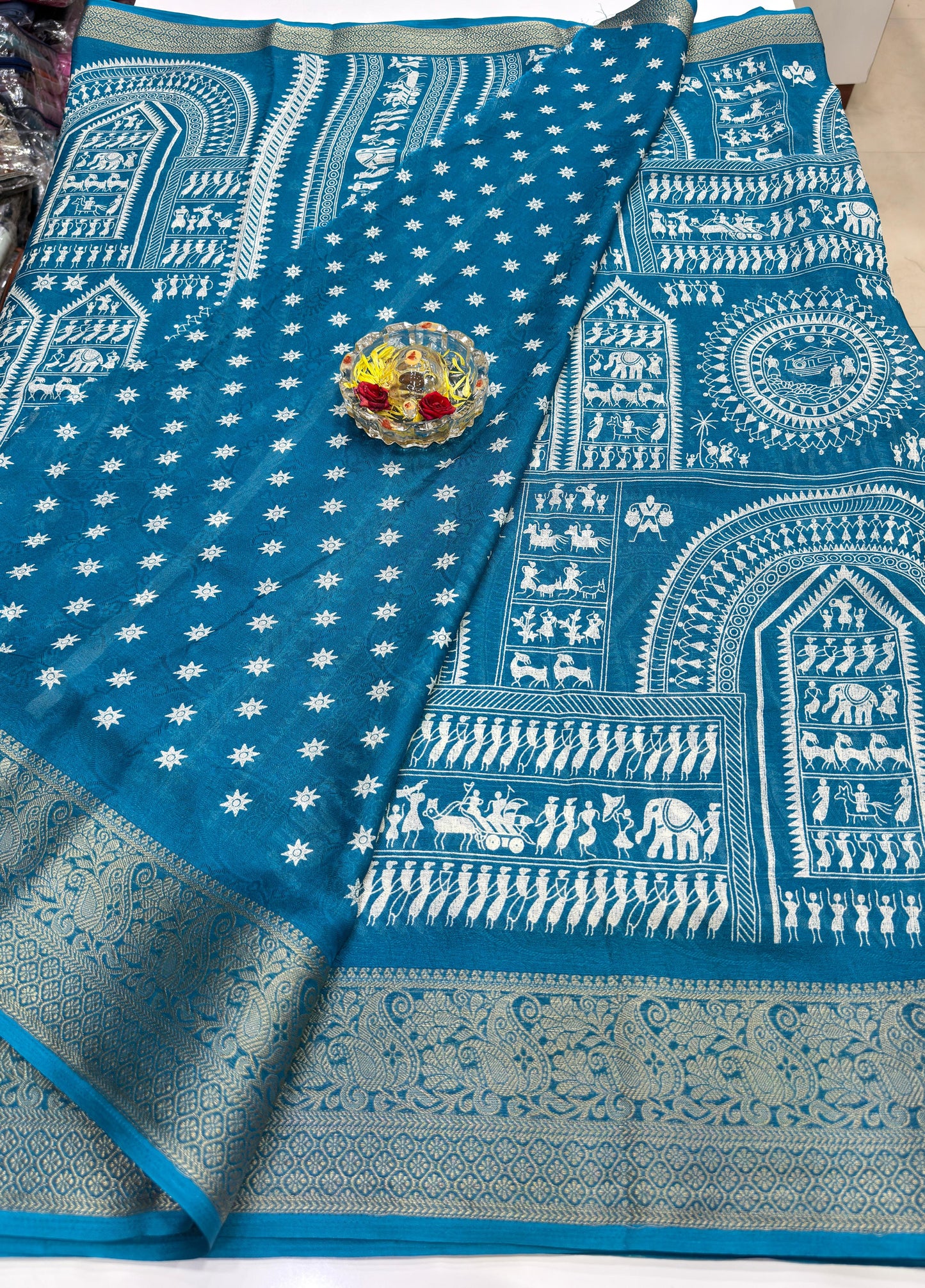 Silk Blend Saree for Women with Temple and Folk Motif Border Traditional Design