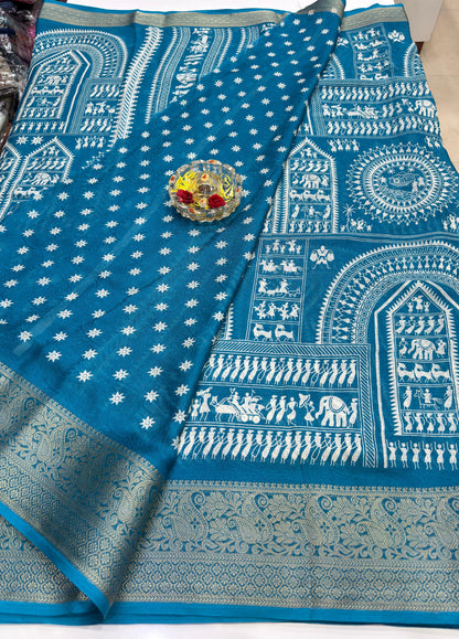 Silk Blend Saree for Women with Temple and Folk Motif Border Traditional Design