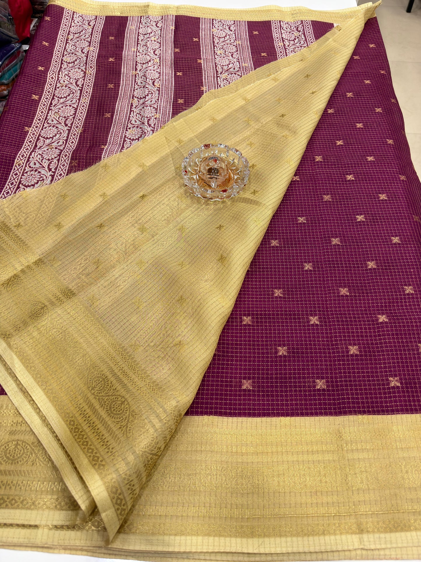Munga pattu silk blend saree with small buti checks and zari border, women’s festive wear saree