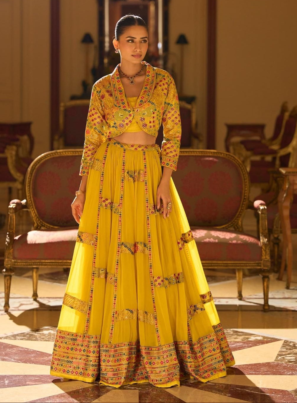 Yellow Georgette Embroidered Lehenga Set for Women with Short Shrug and Blouse – Wedding Wear