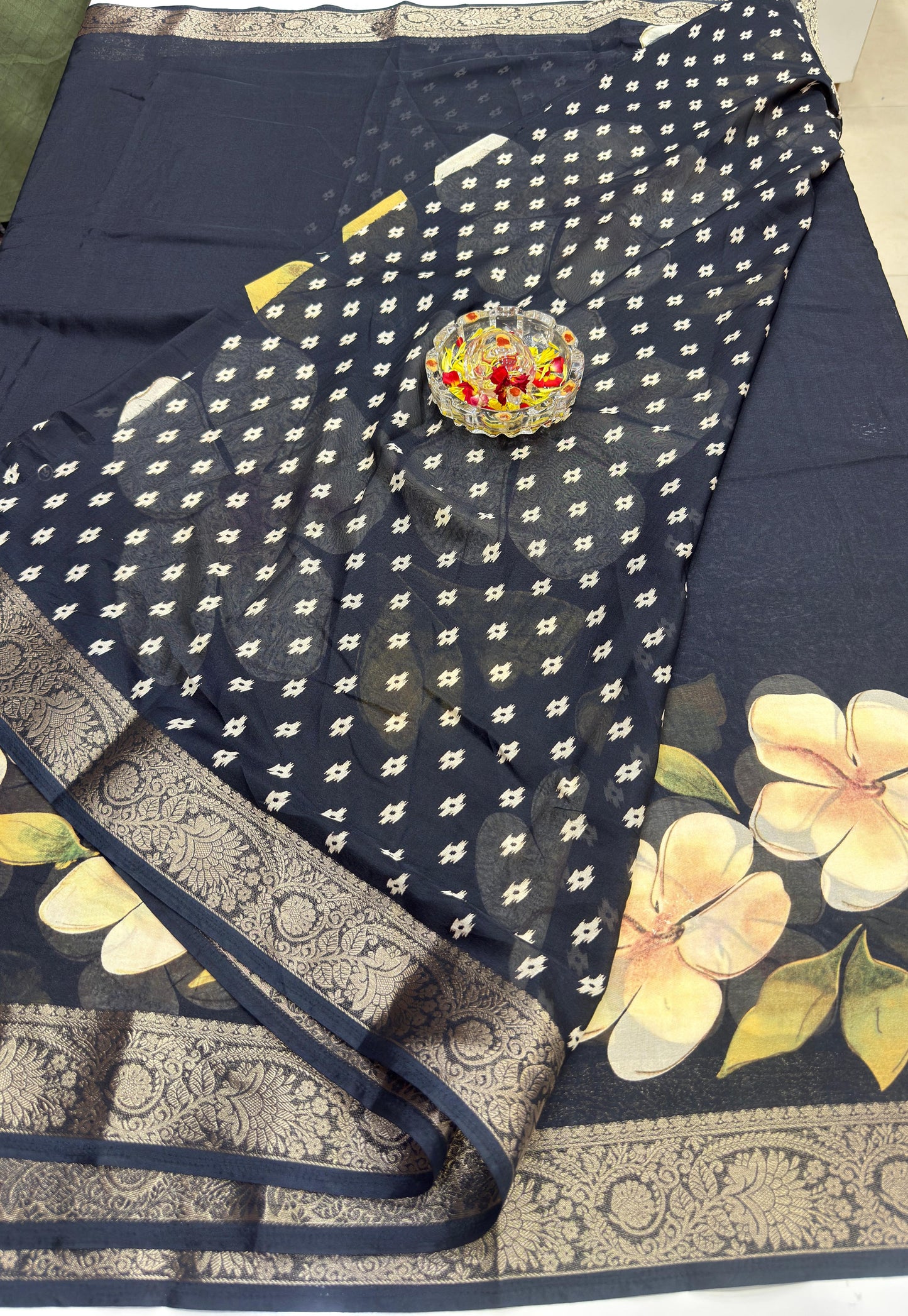 Floral Printed Semi Silk Saree for Women with Woven Border and Elegant Ethnic Design