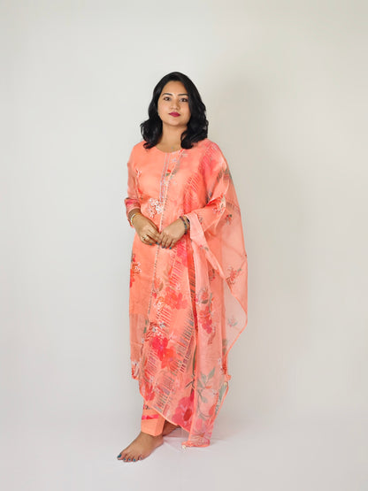 Organza Digital Print Kurta Pant Dupatta Suit Set with Handwork and Appliqué – Women’s M to 3XL