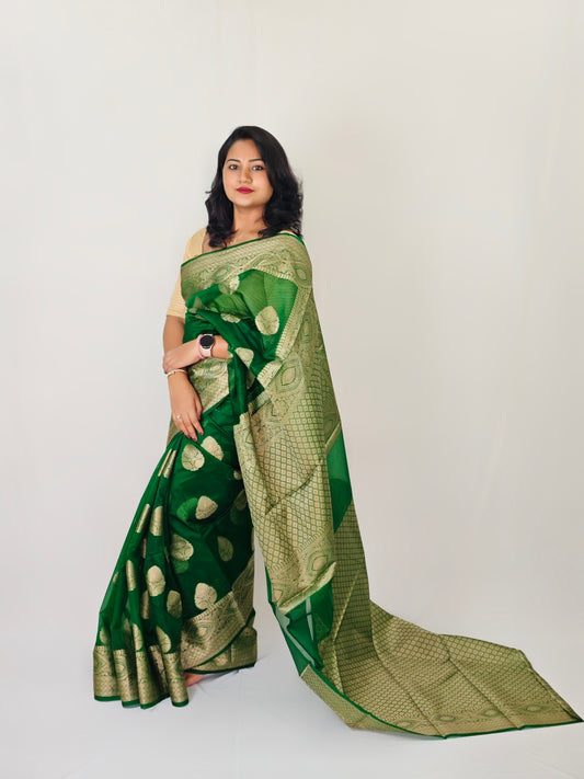 Banarasi Kora Organza Silk Saree with Golden Zari Weaving and Blouse Piece – Festive Wear