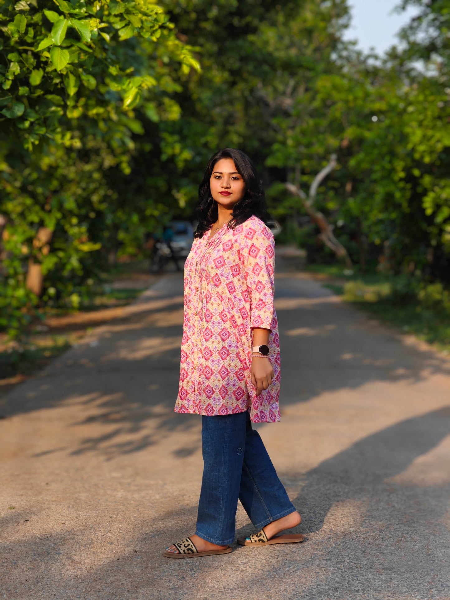 Pink Cotton Ikat Printed Pleated Tunic for Women – Sizes S to 2XL
