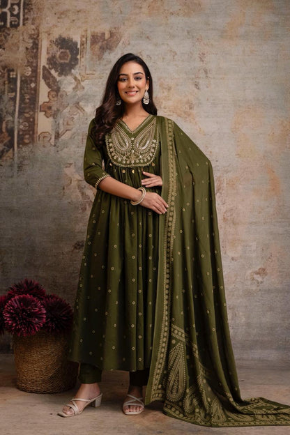 Women’s cotton 60x60 kurta pant dupatta set olive green, yoke motif print, three piece suit set, sizes M-3XL