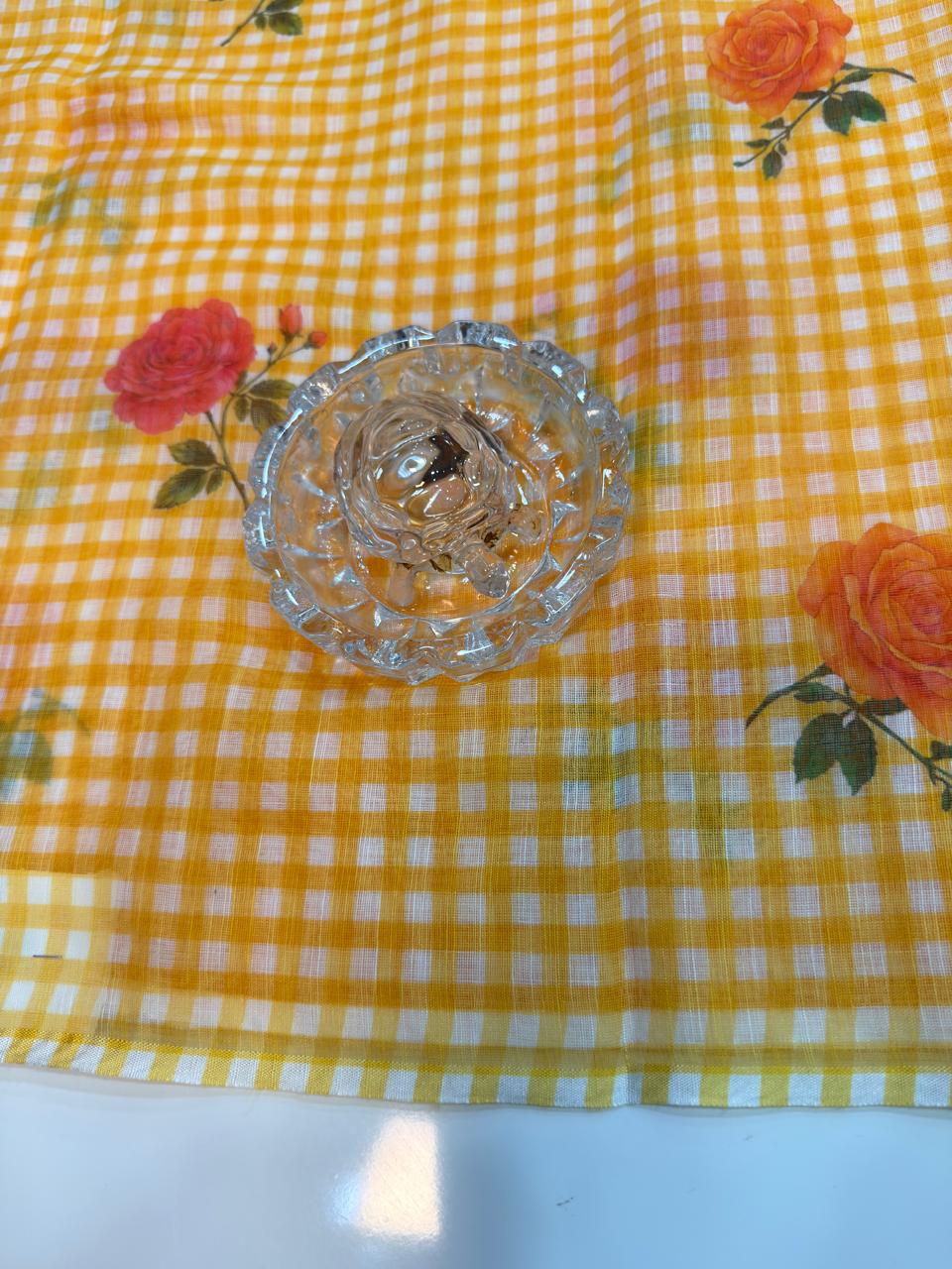 Linen Checks Printed Saree with Rose Floral Design and Matching Blouse for Women