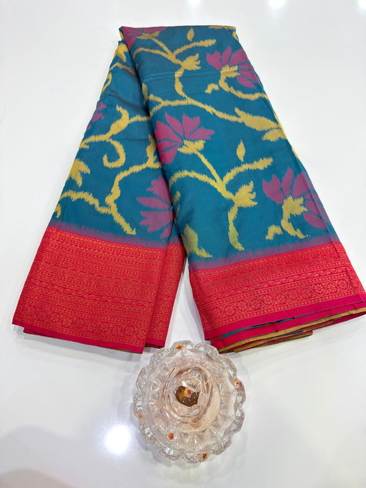 Soft Silk Ikkat Pochampally Saree with Traditional Woven Border and Blouse Piece for Women