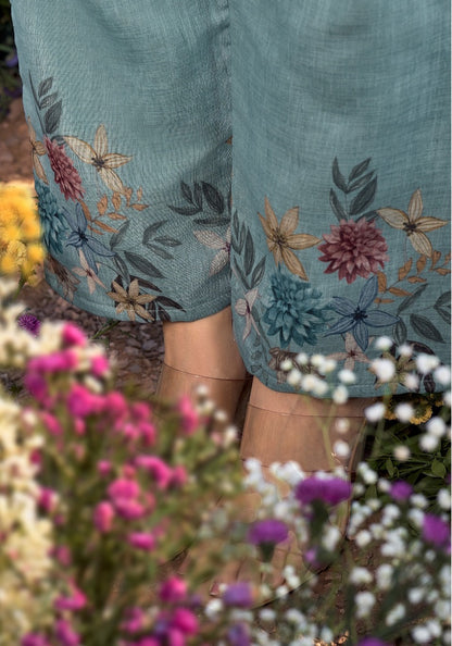 Linen Pure co ord set for women with cotton lining and knot work detailing, top and pant set L to 2XL