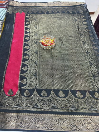 Silk Blend Saree for Women with Heavy Woven Border and Traditional Ethnic Design