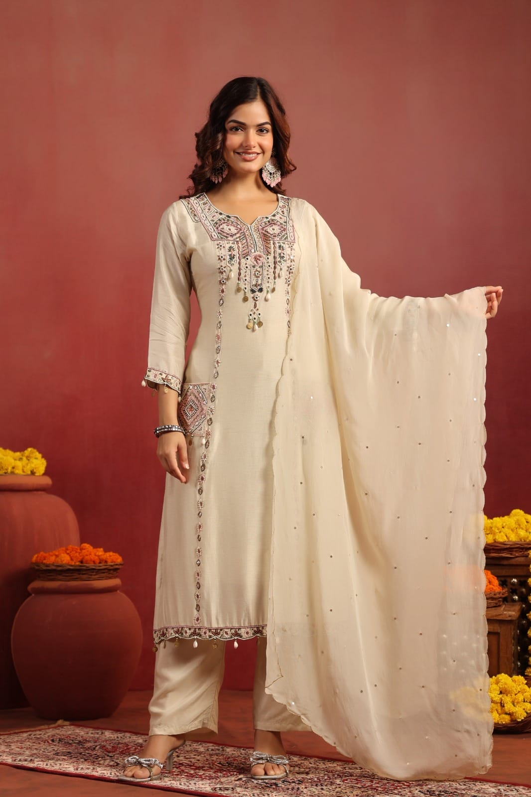 Dola Silk Kurta Pant Dupatta Set with Embroidery Detailing – Women’s Festive Wear (Sizes M–XXL)