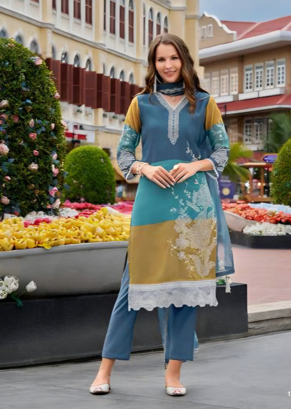 Women’s organza digital print kurta set with embroidery, silk pant and organza dupatta, plus size XXL-3XL