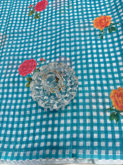 Linen Checks Printed Saree with Rose Floral Design and Matching Blouse for Women