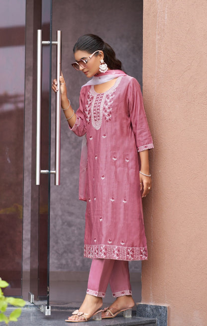 Plus size straight cut vatican dobby kurta pant set with embroidered organza dupatta, 3 piece suit for women, 2XL-3XL