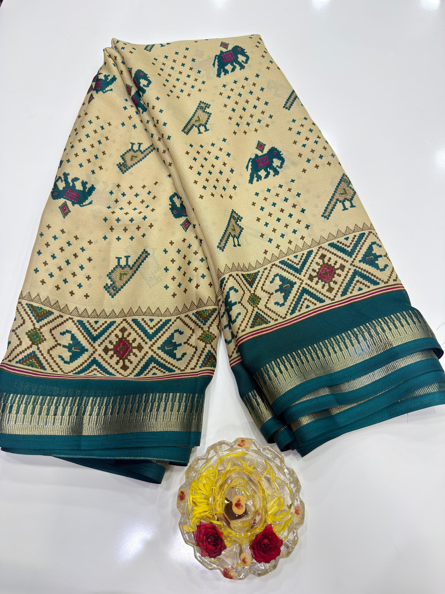 Tribal Printed Silk Blend Saree for Women with Ethnic Border and Traditional Folk Design