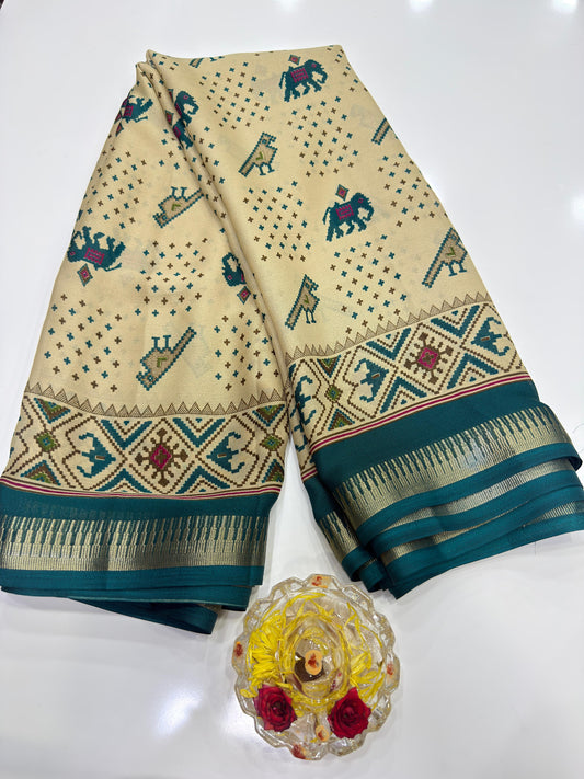 Tribal Printed Silk Blend Saree for Women with Ethnic Border and Traditional Folk Design