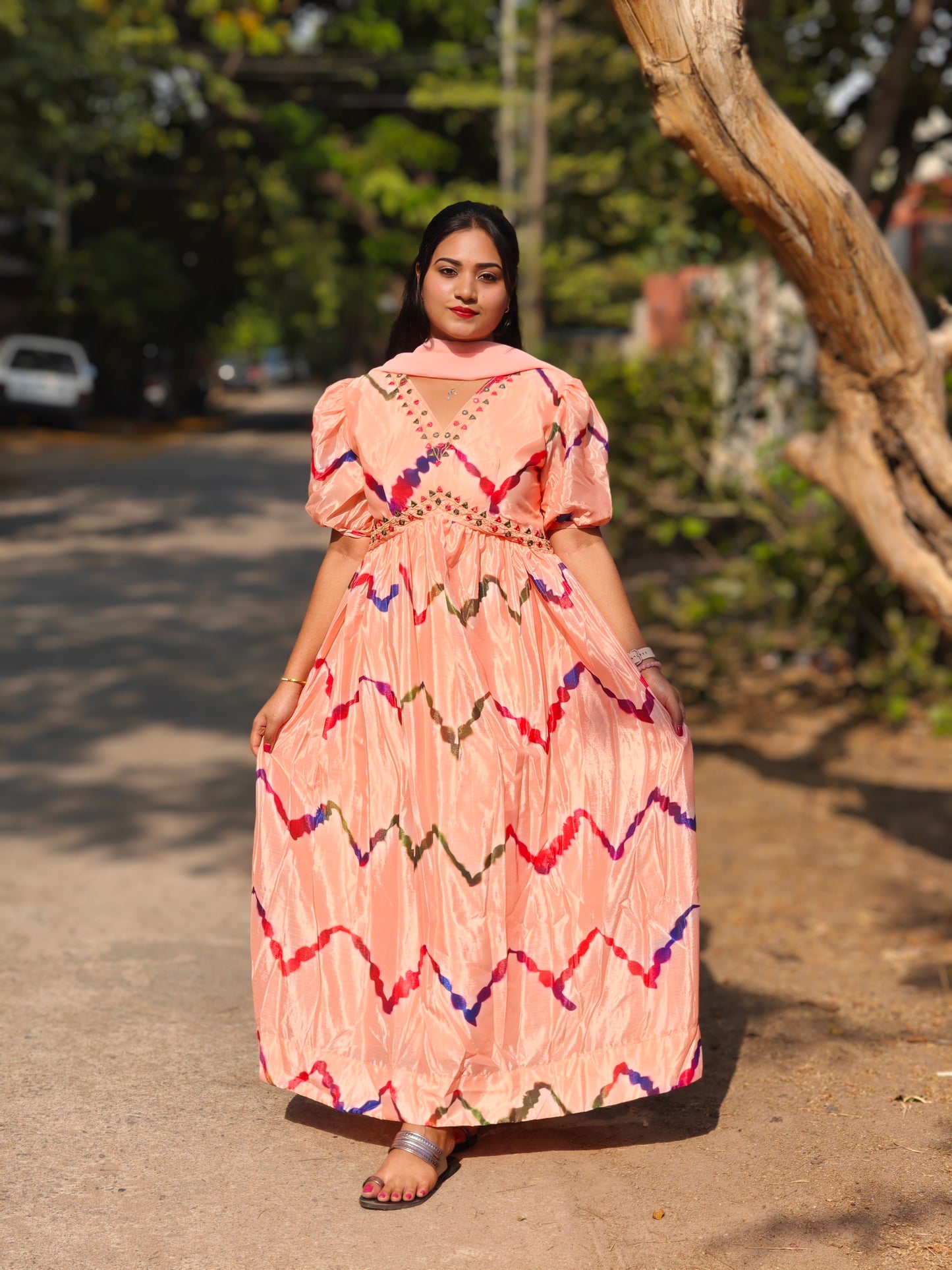 Peach Chinnon Alia Cut Kurta with Balloon Sleeves, Pant and Dupatta – Women’s Festive Set (L to 2XL)