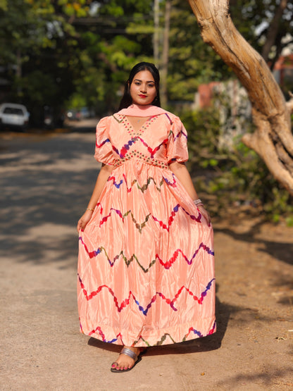 Peach Chinnon Alia Cut Kurta with Balloon Sleeves, Pant and Dupatta – Women’s Festive Set (L to 2XL)