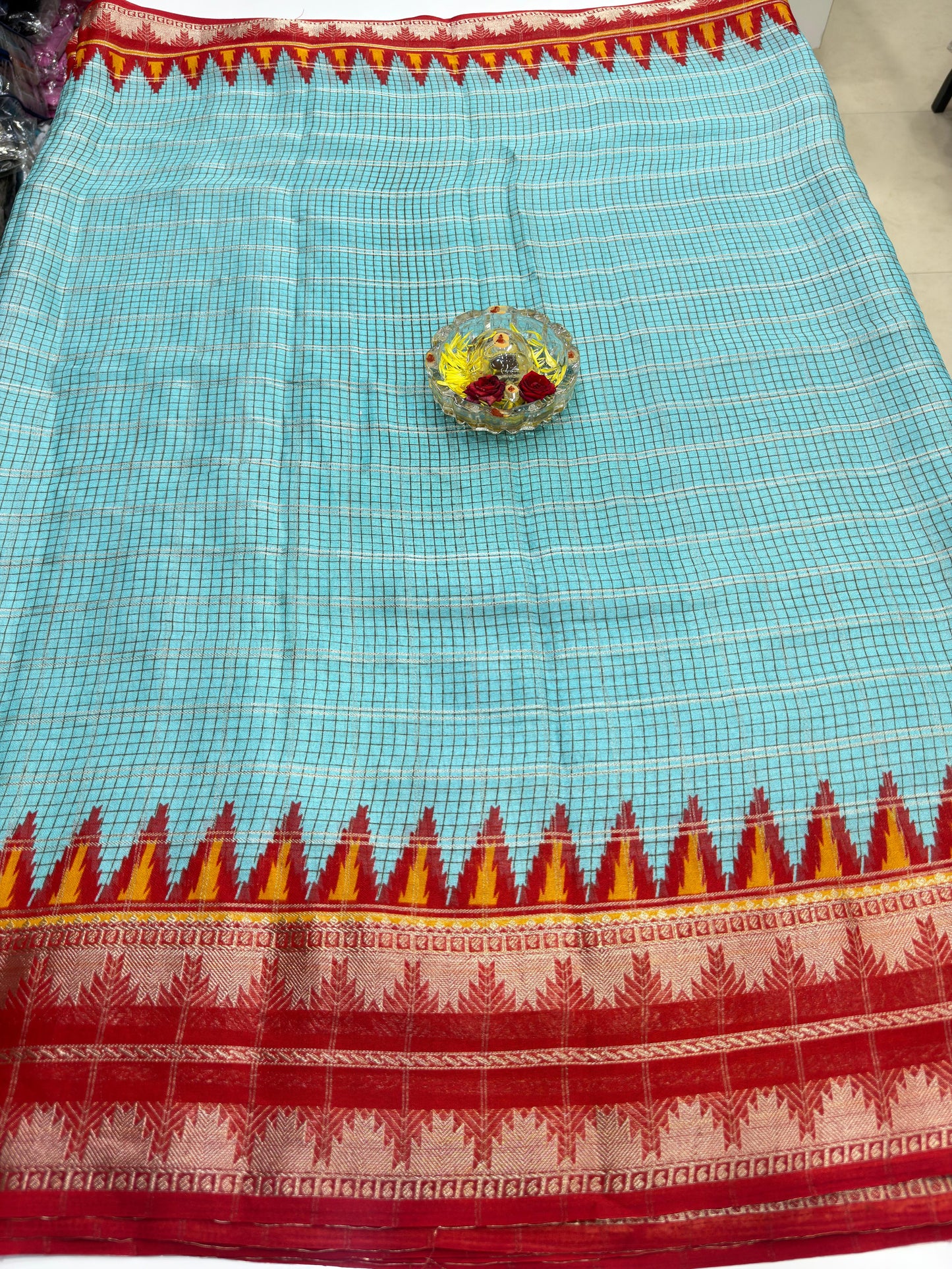 Silk Blend Saree for Women with Temple and Folk Motif Border Traditional Design