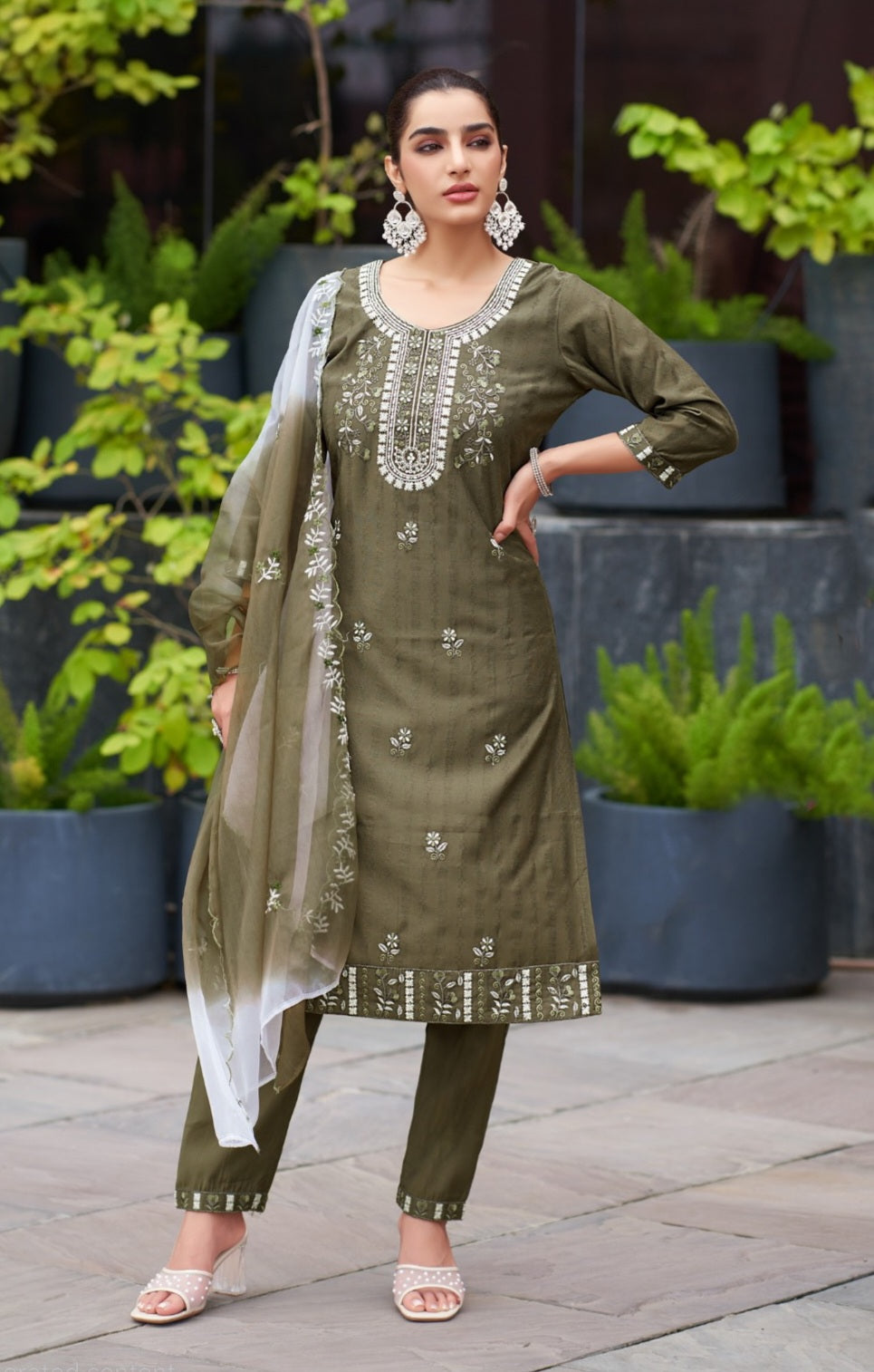 Plus size straight cut vatican dobby kurta pant set with embroidered organza dupatta, 3 piece suit for women, 2XL-3XL