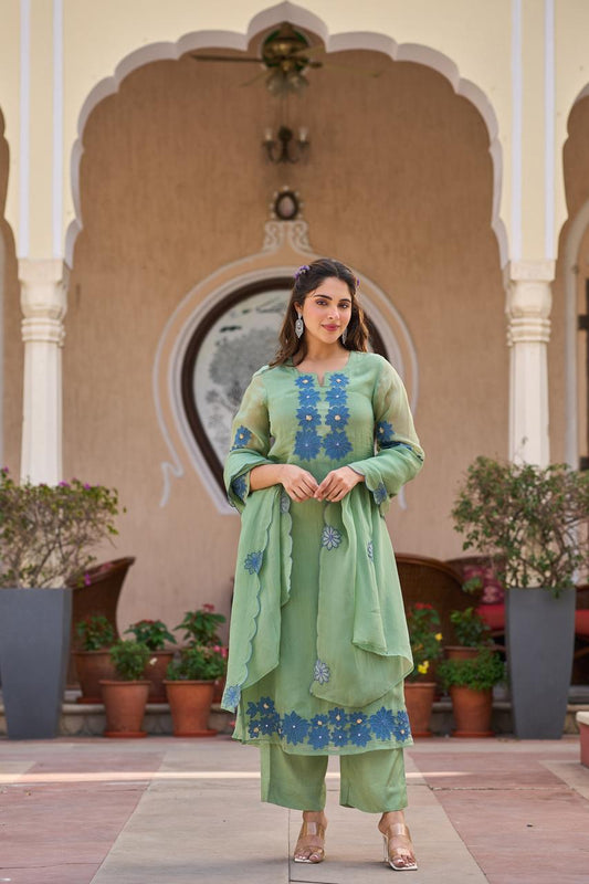Organza Kurta Pant Dupatta Set for Women with Floral Applique Work and Embroidered Detailing