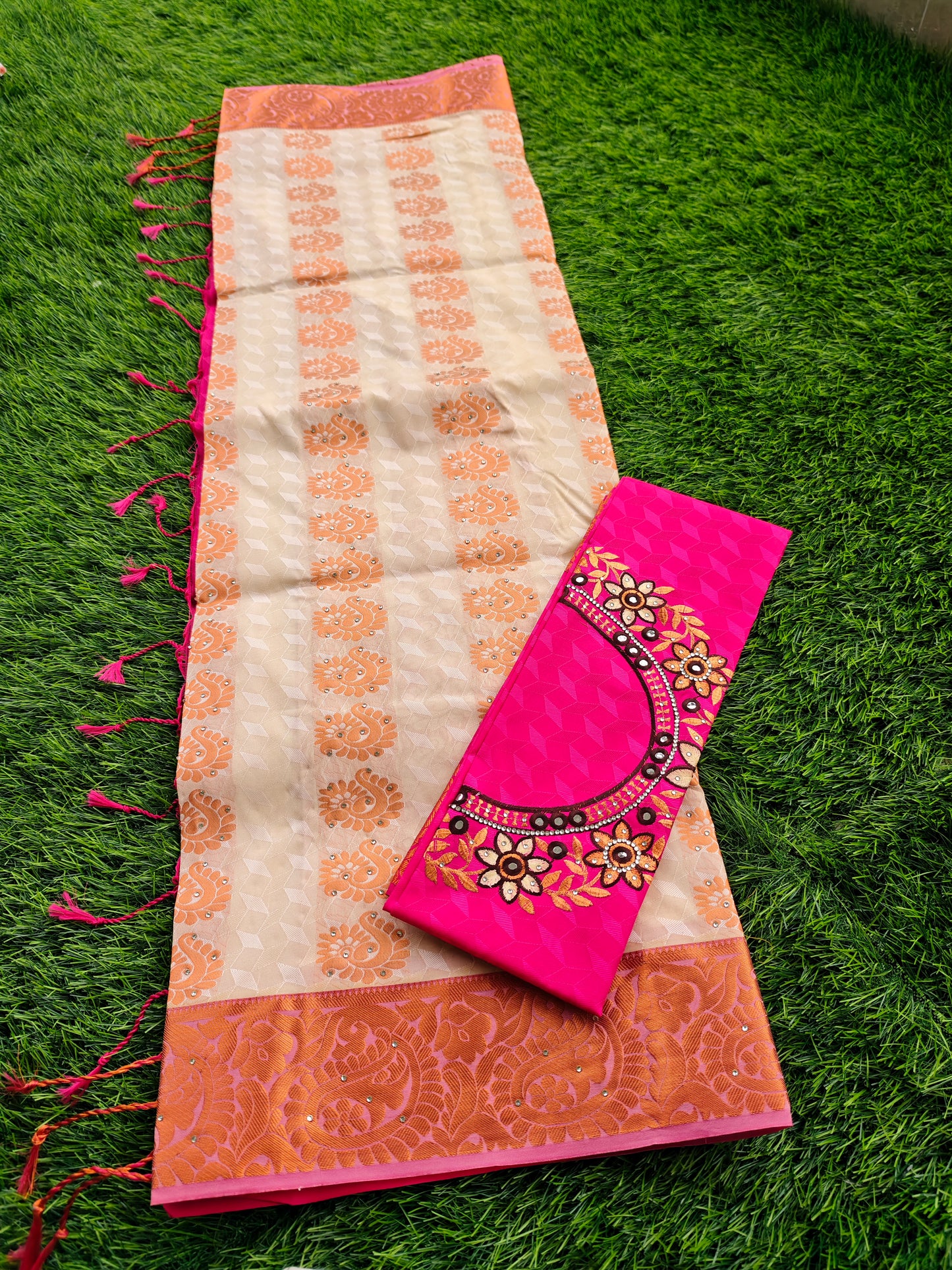 Soft Silk Saree with Cutwork and Stone Embellishments for Women