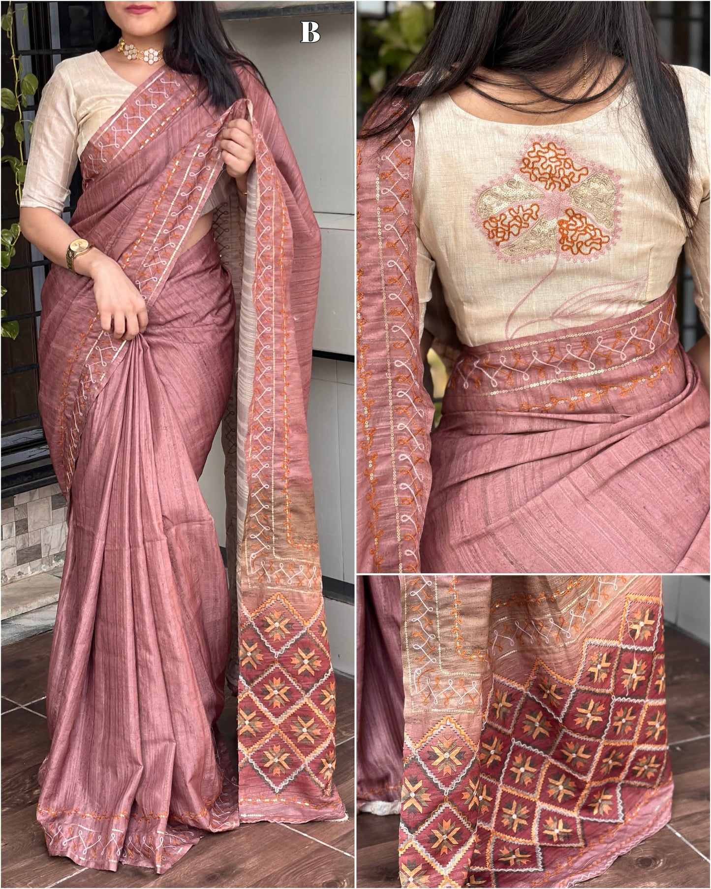 Air Silk Saree with Digital Ajrakh Print, Khatha Work and Sequins – Designer Blouse Included