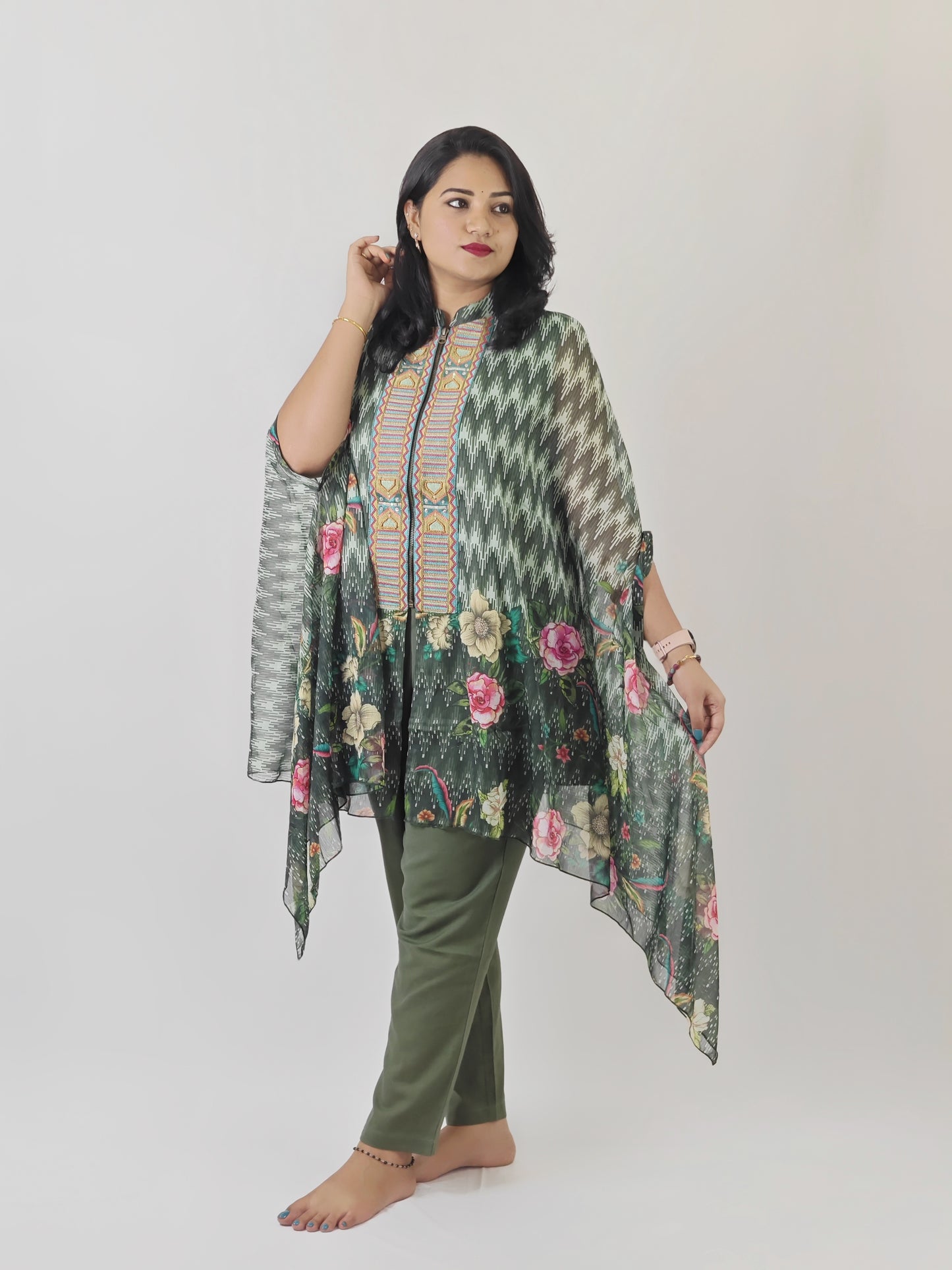 Designer Cape Style Embroidered Viscose Chiffon Top with Linen Cotton Bottom for Women | L to 2XL