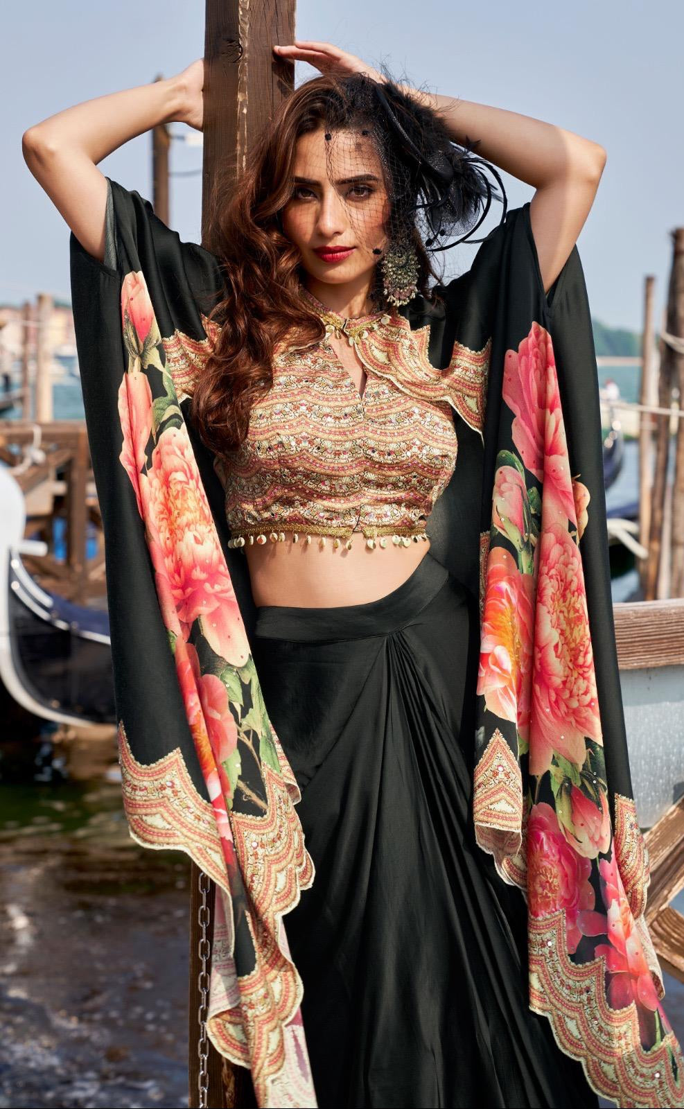 French Crepe Silk Jacket Blouse Dhoti Set with Handwork for Wedding Wear