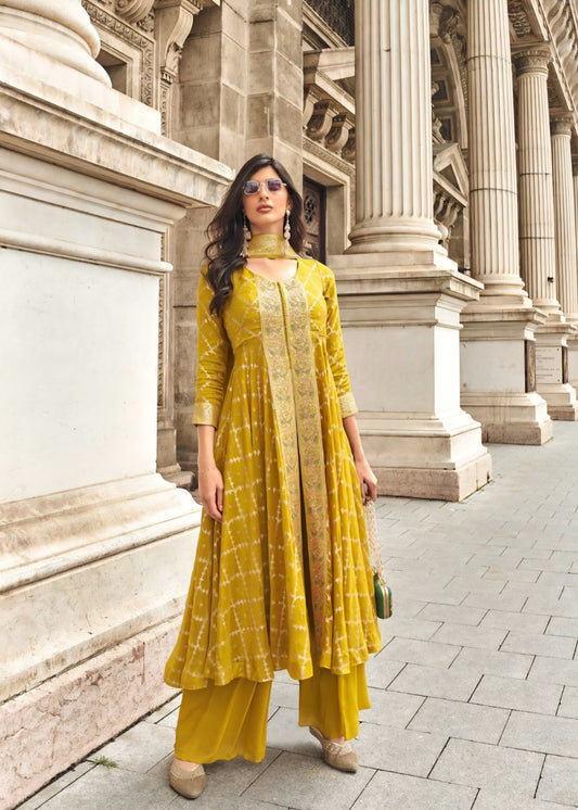 Viscose jacquard silk anarkali suit set with hand embellishment and georgette dupatta – free size stitched