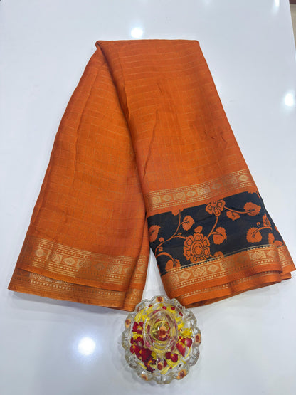 Semi Mysore Georgette Blend Saree for Women with Woven Border and Traditional Printed Design