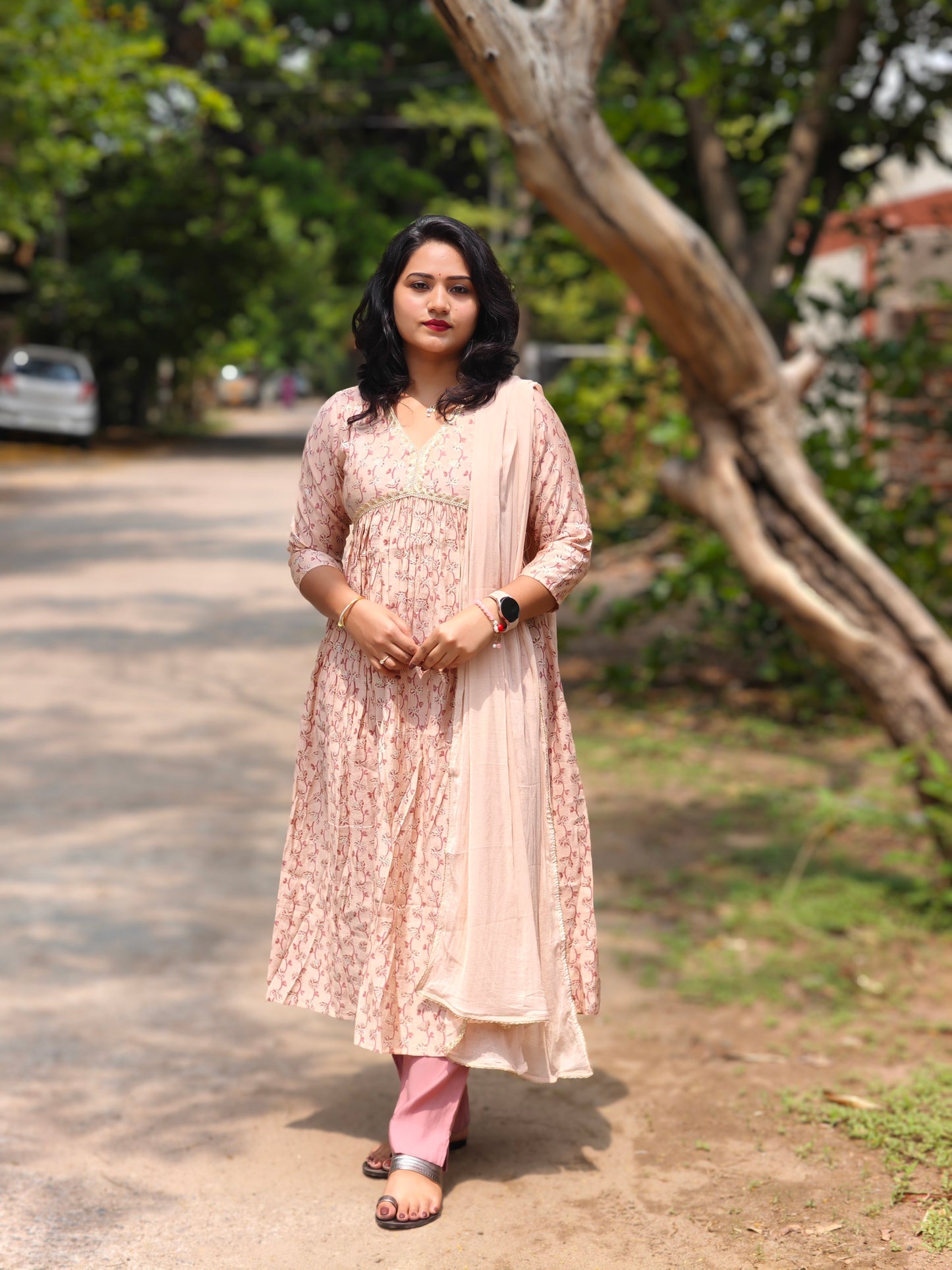Pink Floral Chanderi Kurta Set with Matching Bottoms & Dupatta – Festive & Semi-Formal Wear