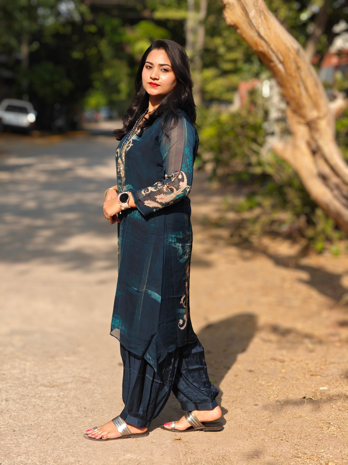 Viscose co-ord set for women with floral print and embroidery – fully stitched festive ethnic outfit