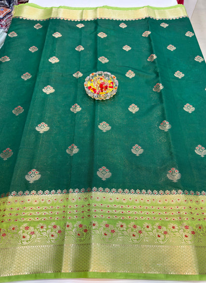 Banarasi Semi RW Mango Silk Saree for Women with Zari Buta, Contrast Border, Designer Pallu and Brocade Blouse