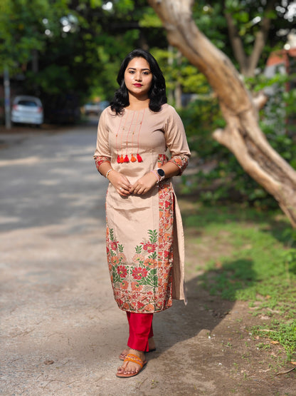 Long Beige Cotton Blend Designer Kurti with Floral Print – Sizes S, XL & 2XL
