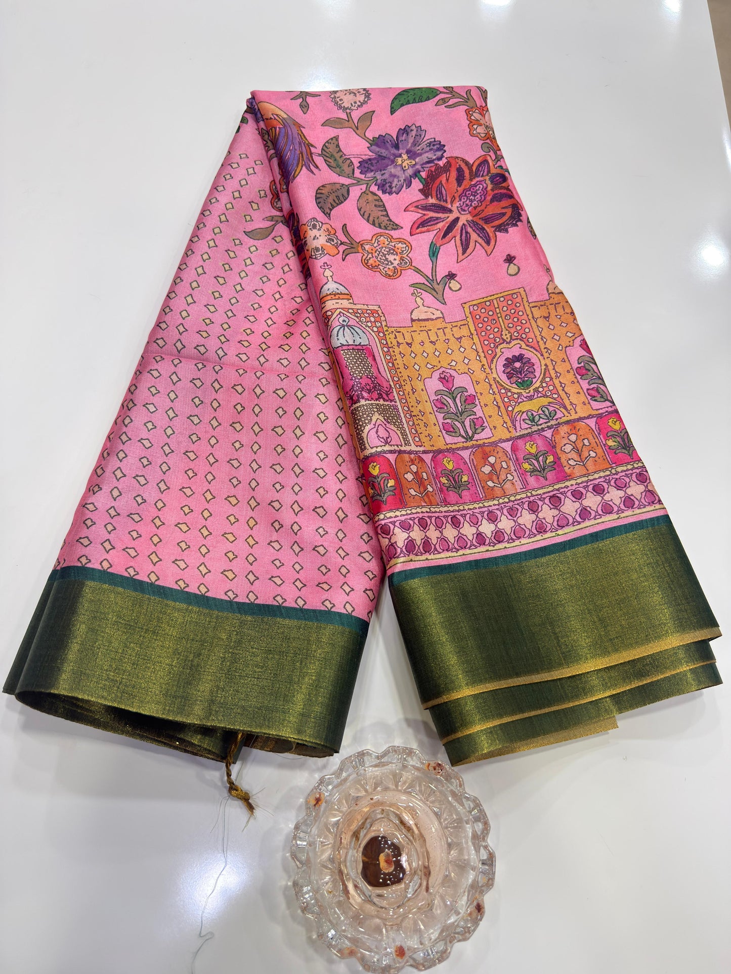Soft Tussar Silk Printed Saree with Contrast Border, Tassels and Blouse for Women