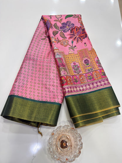 Soft Tussar Silk Printed Saree with Contrast Border, Tassels and Blouse for Women