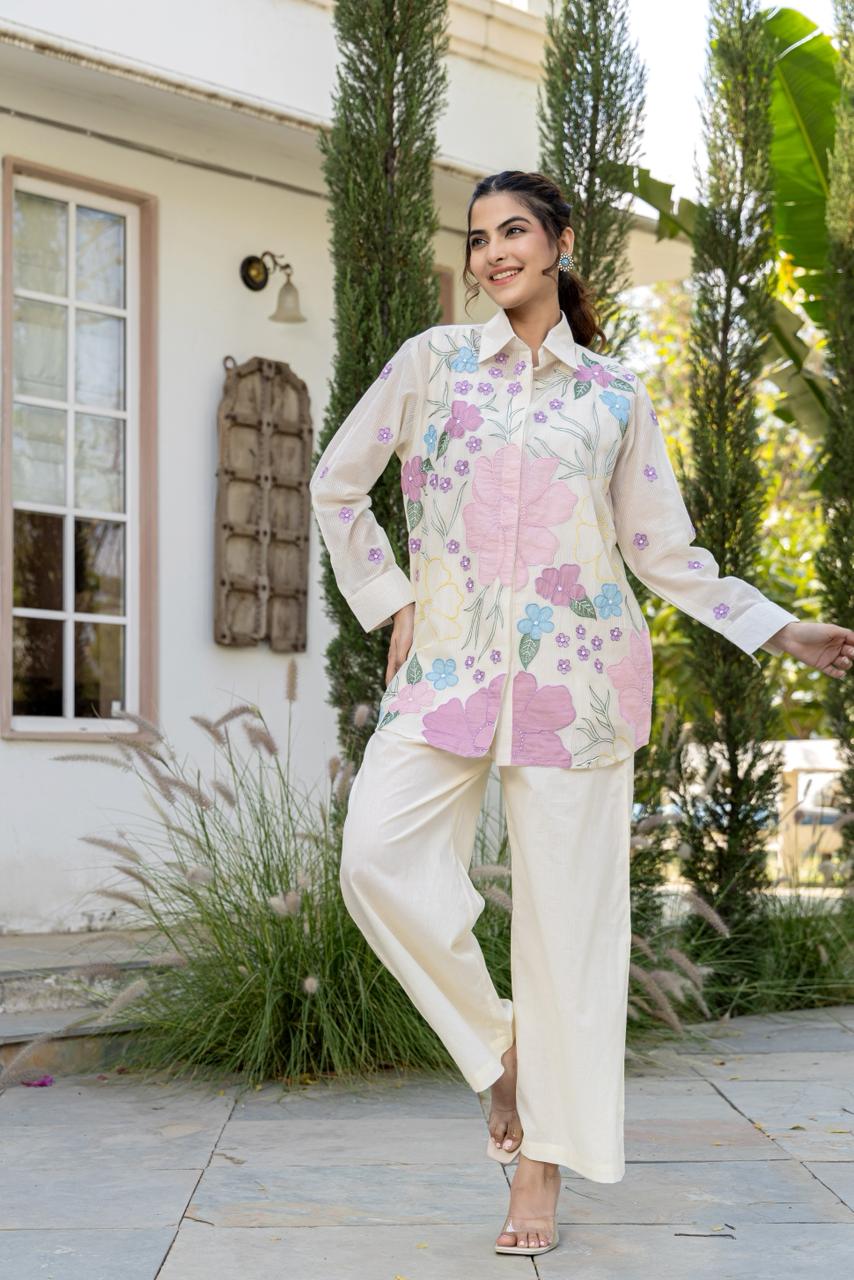 Mul Chanderi Co-Ord Set for Women with Applique Work, Printed Top and Pant Set with Lining