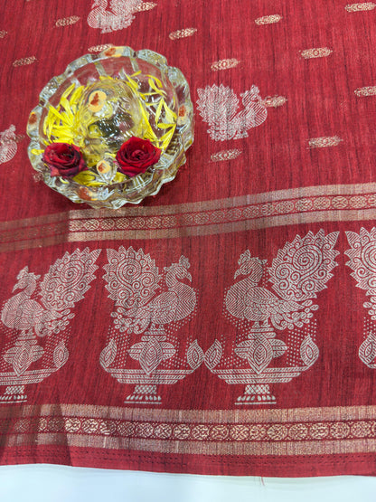 Silk Blend Saree for Women with Elephant Motifs and Traditional Woven Border