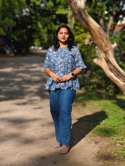 Ink Blue Cotton Floral Print Flared Top for Women – Sizes S to 3XL