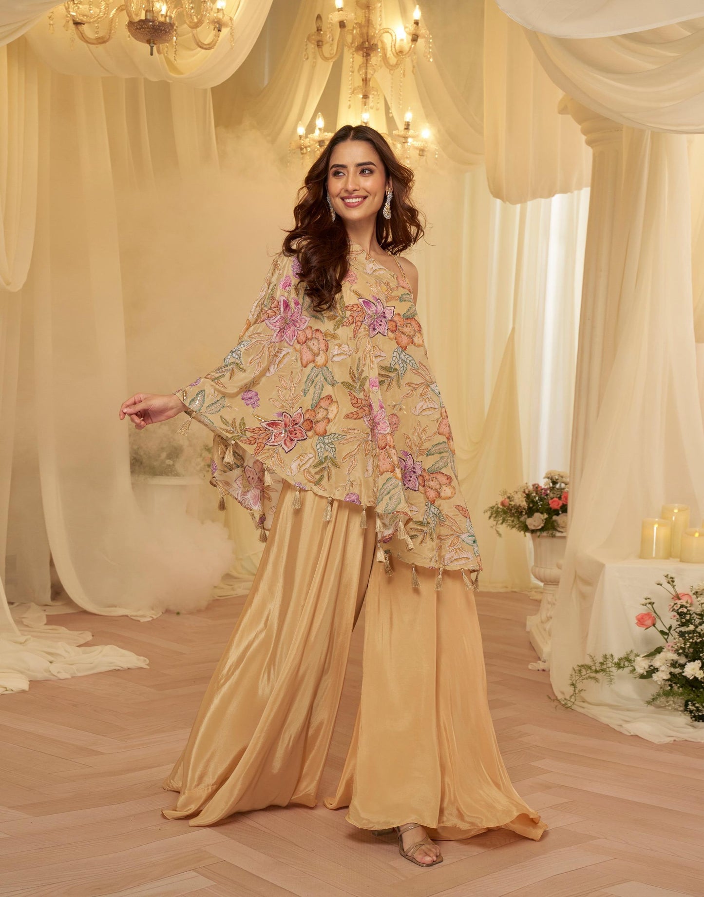 Designer Viscose Crepe Embroidered Kaftan Style Palazzo Set for Women with Blouse