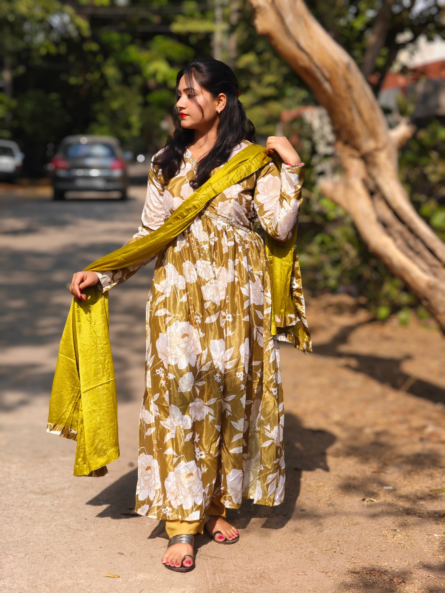 Olive Green Chinnon Alia Cut Suit Set with Printed Kurta, Pant and Dupatta – Women’s Festive Wear