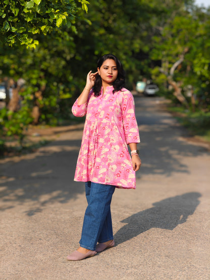 Pink Cotton Floral Printed A-Line Tunic for Women – Sizes S to 3XL