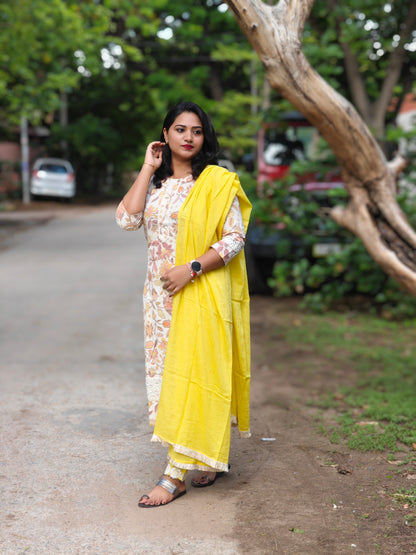 Handloom Cotton Hand Block Printed Kurta Pant Dupatta Suit Set with Organza Lace – Women’s Sizes 38 to 46