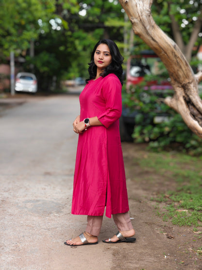 Pink Chinnon Solid Pleated Kurta with Pant Set for Women
