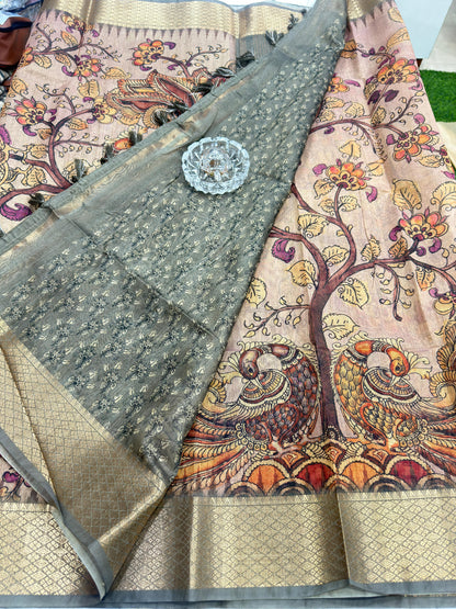 Pashmina Silk Kashmiri Printed Saree for Women Kalamkari Bird Floral Design with Zari Border Ethnic Saree