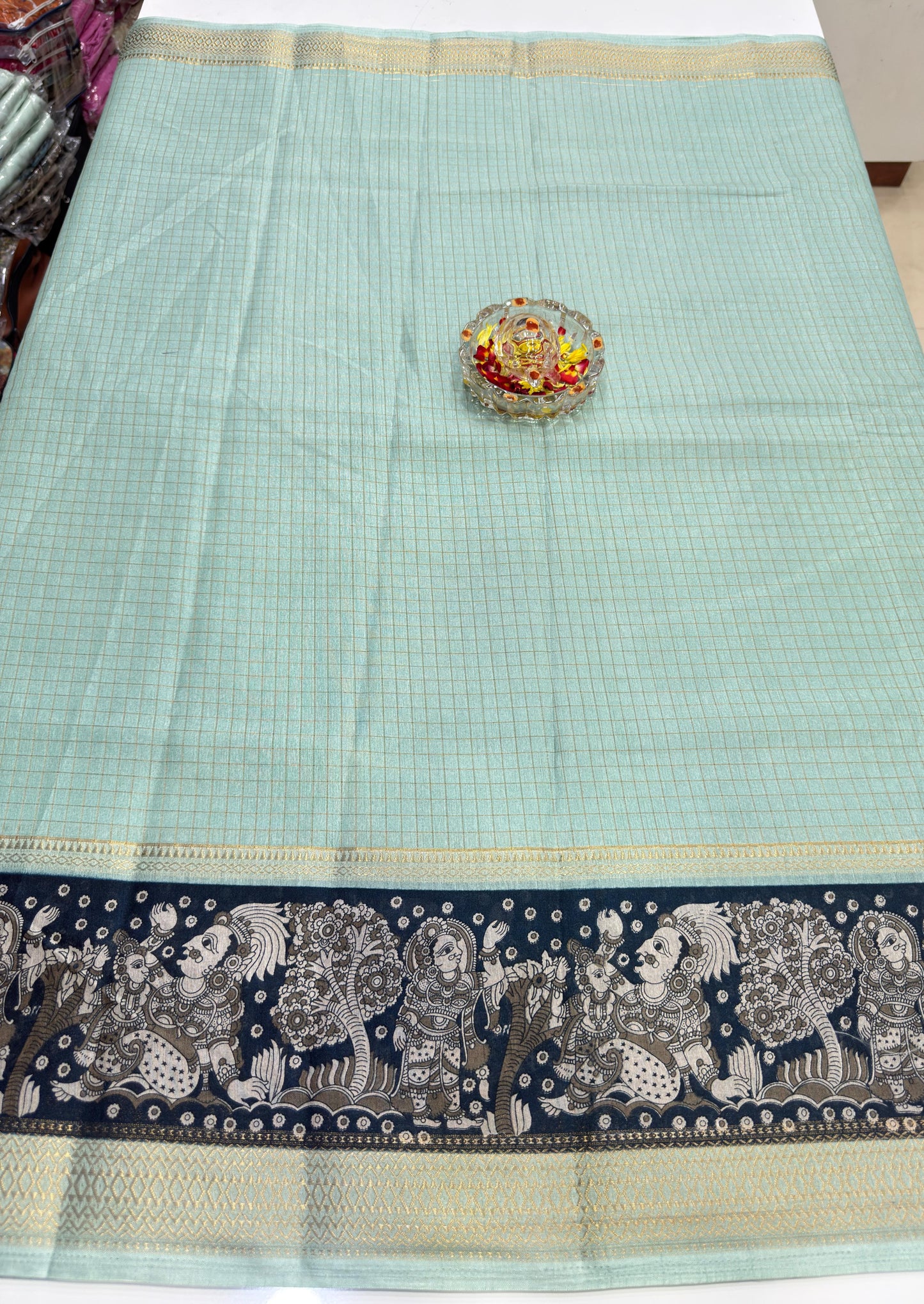 Semi Mysore Georgette Blend Saree for Women with Woven Border and Traditional Printed Design