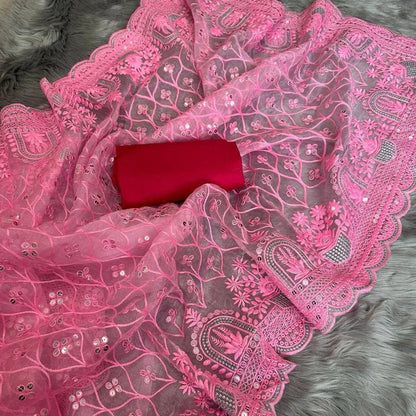 Premium Organza Saree with Multi-Thread Sequin Work and Mono Silk Blouse Piece