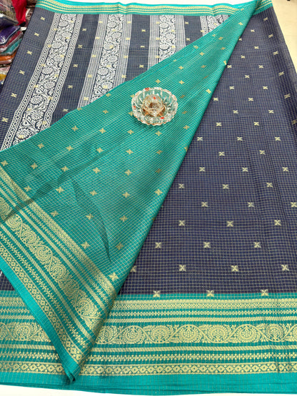 Munga pattu silk blend saree with small buti checks and zari border, women’s festive wear saree