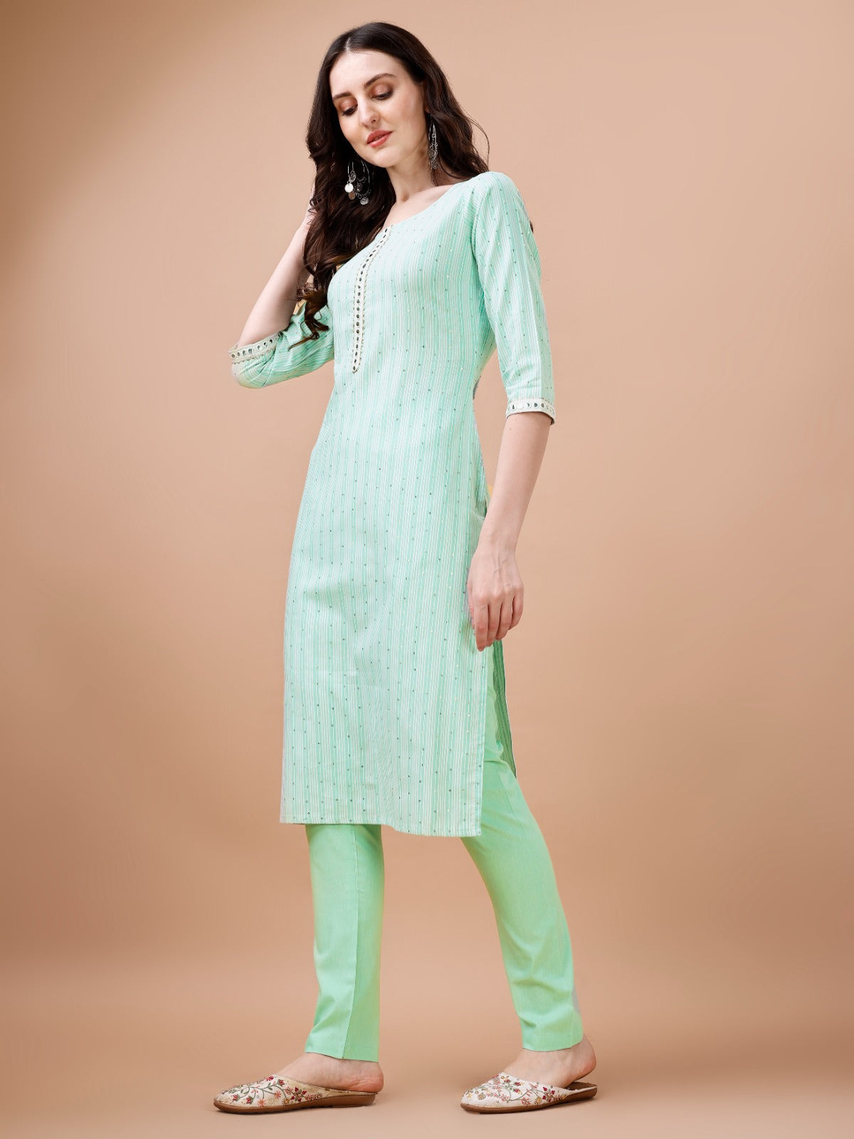 Cotton Blend Sequin Striped Casual Kurti Pant Set for Women – Round Neck, Calf Length